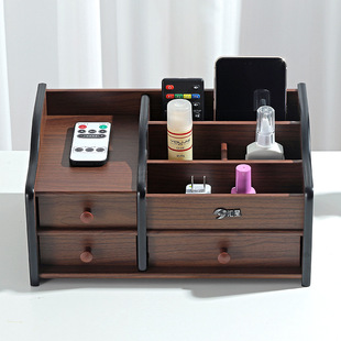 Wooden cosmetic storage box large capacity pen holder office desktop remote control finishing box drawer storage box