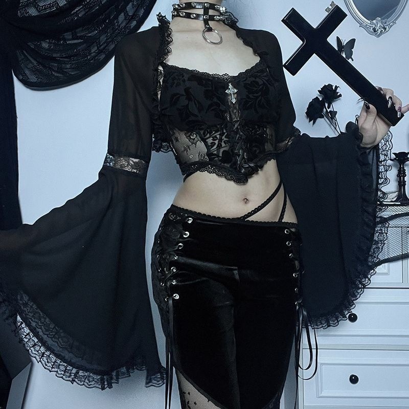Gothic Style Dark Lace Blouse with Flared Cape, Medieval Layered Long-Sleeve Thin Cardigan for Women, Lolita Style