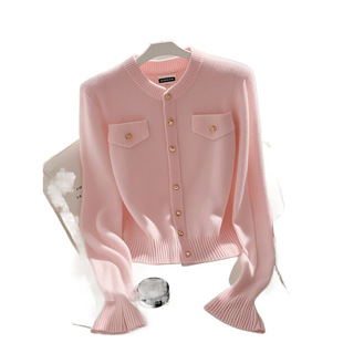 Early Autumn Pink Knitted Cardigan Design Sense Niche High Sense Super Good-looking Beautiful Chanel Style Sweater Jacket