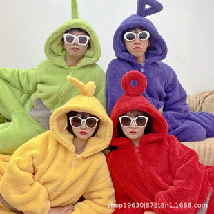 Cute cartoon antenna baby one-piece couple pajamas men's and women's autumn and winter thickened coral fleece home wear long nightgown
