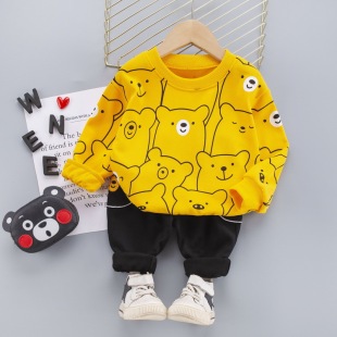 Stylishly Childhood Boys' Baby Autumn Clothes Handsome Full Print Bear-style Long-sleeved Two-piece Fashionable Boys' Spring Suit