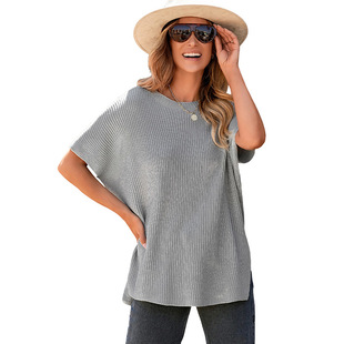 Summer new solid color pullover round neck woolen T-shirt for women 2024 European and American casual loose drop shoulder short sleeve top for women