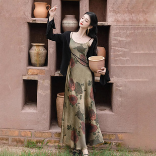 Real shot dry rose vintage printed suspenders dress matching coat two-piece suit