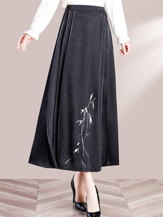 New Chinese Style National Style Spring and Summer Skirt Mother's Bamboo Leaf Retro High Waist plus size Dagging Elegant Horse-faced Skirt for Women