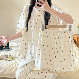 2024 Summer New Three-piece Pajamas Women's Imitation Cotton Casual Short-sleeved Shorts Trousers Fresh Style Home Clothes