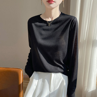 2025 New Lyocell Knitted Shirt Round Neck Long-sleeved Women's Thin Loose Slimming Knitted Base Shirt Long-sleeved Casual