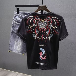 Summer 2024 new national fashion ethnic style embroidered short-sleeved T-shirt men's shoulder round neck all-match T-shirt bottoming shirt