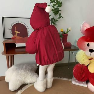 Girls' cotton-padded jacket autumn and winter clothing western style children's red hooded coat baby's winter thickened cotton-padded jacket trendy annual clothing series