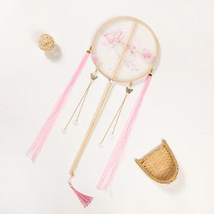 Palm Fan Children's Fan Show Hanfu Girls' Round Fan Palace Fan Small Embroidery Antique Long Handle Dance Fan Ribbon Round Fan