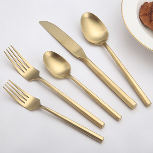 European-Style 430 Stainless Steel Cutlery Set Five-Piece Set Sanded Hexagonal Handle Steak Knife, Fork and Spoon Hotel Dessert Fork and Spoon