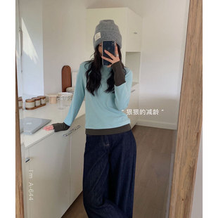 Du Xiaozhai [Winter Youth] Autumn New Contrast Color Sanding T Design Sense Inner High Neck Base Shirt for Women