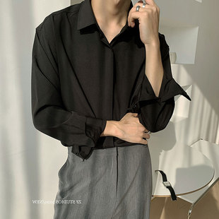 Men's Hong Kong-style Long-sleeved Black and White Shirt Casual ins Fashionable Non-ironing Loose Solid Color Top for Student Couple