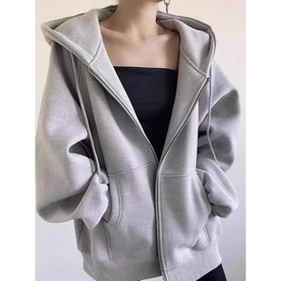 Hooded Brown Cardigan Jacket Sweatshirt Women's Spring and Autumn New Thin Loose Lazy Style Zipper Top