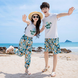 2024 Summer New Beach Family Dress Family of Four Hong Kong-style dress Casual Short-sleeved suit
