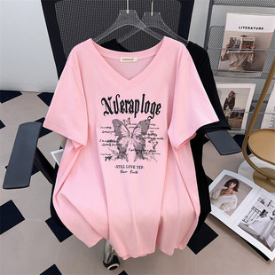 V-neck new plus fat plus size slim loose long belly covered short sleeve T-shirt women 200/300/175.00kg 655