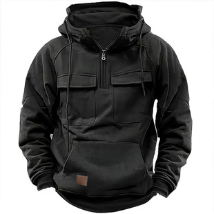 Cross-border autumn and winter new men's hooded solid color sweater European and American youth sports multi-pocket leather fleece-lined men's sweater