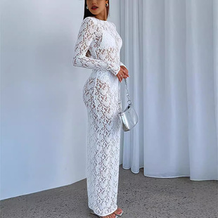 Women's Sexy Hollow Out Black and White Lace Dress Sexy Perspective Slim Long Dress Long Sleeve Lace Skirt