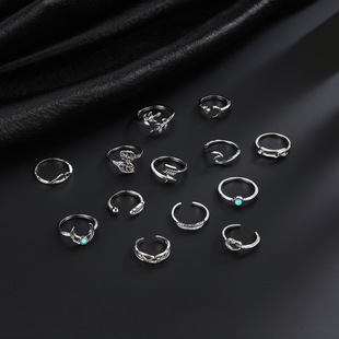 Cross-border Europe and the United States new ring retro Bohemian leaves bright arrow turquoise 13 set ring wholesale