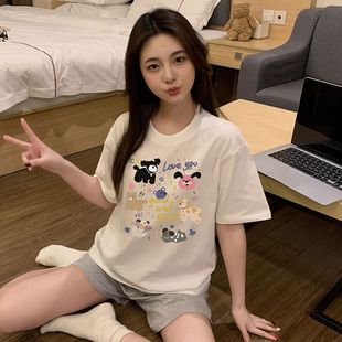 Cotton Pajamas Women's Summer New Cute Cartoon Casual Round Neck Short Sleeve Shorts Loose Thin Home Clothes suit