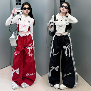 Cross-border Spring and Autumn Girls' 2025 New Arrival Bow American Style Retro Hip-hop Style Wide-leg Trousers Shirt Two-piece Cross-border Set