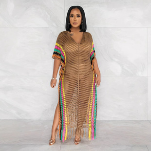 2025 spring and summer Europe and the United States new rainbow color hollow beach blouse seaside vacation plus size sweater beach skirt