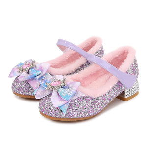 Autumn and Winter girls' high heel fleece-lined princess shoes Children's cotton shoes little girl's plush shoes Elsa crystal shoes small leather shoes