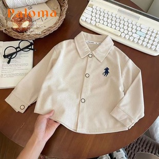 2024 New Spring and Autumn Korean Style Children's Corduroy Autumn Dress Large Children's Solid Color Embroidered Shirt Trendy Cool Casual Top