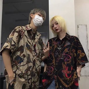 Hong Kong Fashion Men's Short-sleeved Shirt Newspaper Printed Casual Flower Shirt Korean Loose Couple's Tide Top