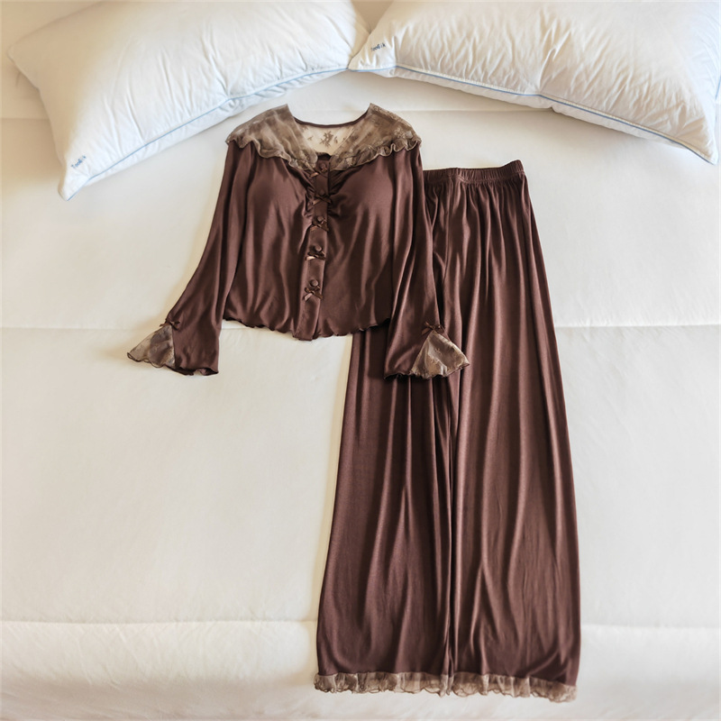 Modal Pajamas for Women Spring and Autum Long-Sleeved Thin Lace V-Neck Cardigan with Breast Pads Home Wear Two-Piece Set