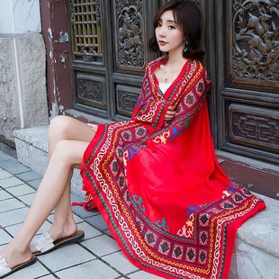 Ethnic Style Shawl Scarf Dual-use Seaside Sunscreen Beach Silk Scarf Red Large Scarf Women's Desert Travel Photo Summer
