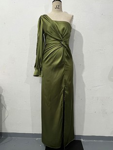2024 New Summer Style European and American Amazon Cross-Border Women's Clothing Slope Collar Raglan Sleeves Pleated Waist Slit Sexy Long Skirt