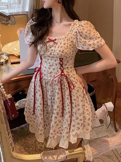 2026 Summer Fresh Floral Dress Summer Mori Style Puff Sleeve Bow Tie Lace Ruffle Dress