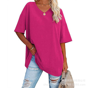 2022 European and American Large Size Women's Short-sleeved Summer New Amazon Solid Color Loose Half-sleeved V-neck Cotton T-shirt for Women