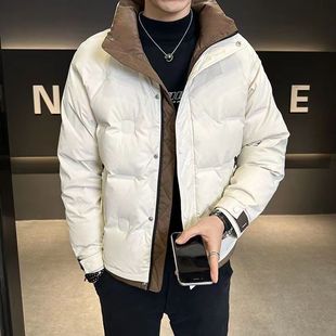 2024 Winter New Color-matching Collar Down Jacket Men's Fashionable Handsome Korean Slim-fit Contrast Color Short Coat Thick