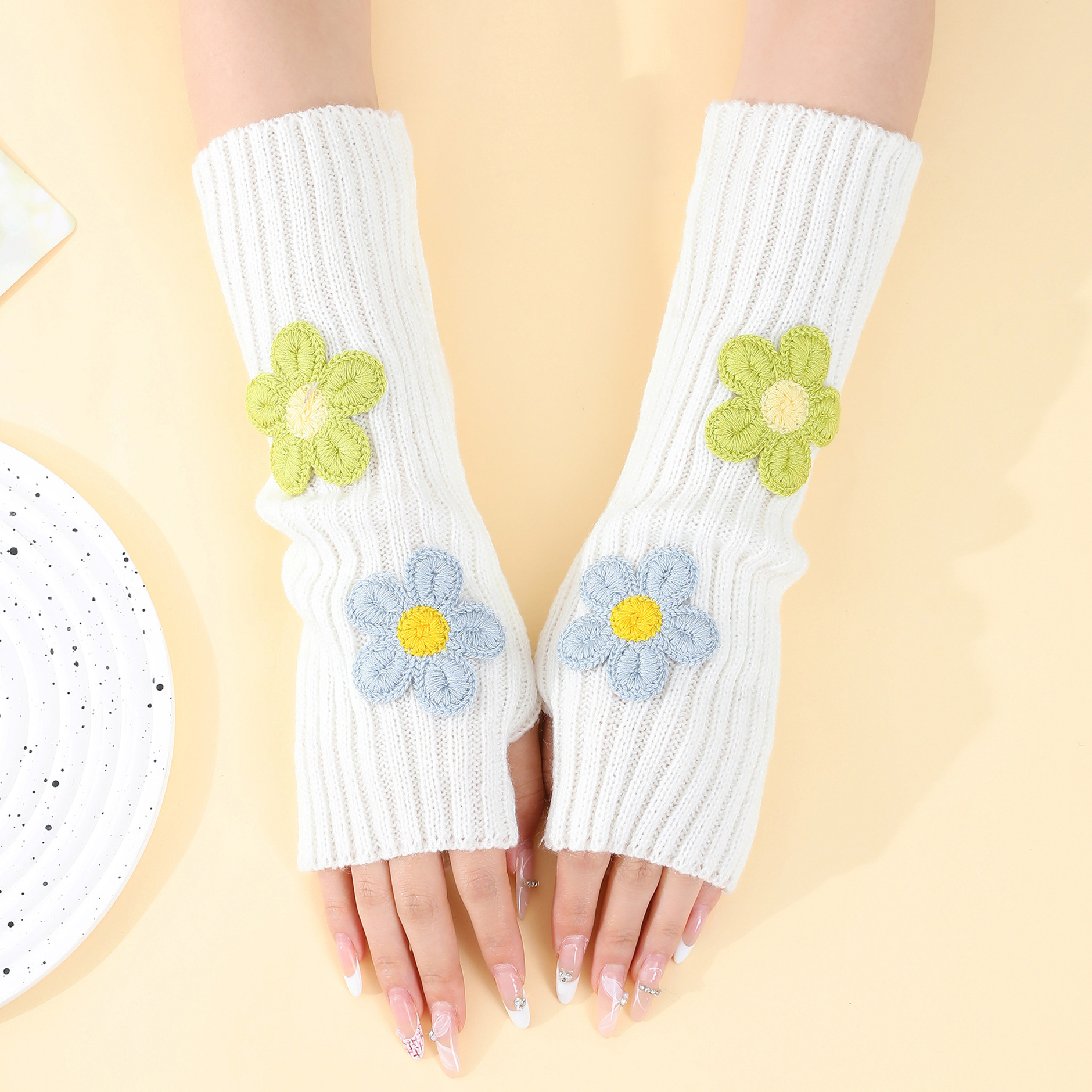 G-99 New Flower Gloves Women's Preppy Style Fingerless Y2K Sleeves Autumn and Winter Knitted Wool Warm Arm Sleeves