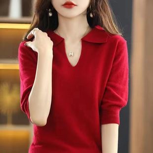 2023 New V-neck Sweater Women's Seven-sleeve T-shirt Top Loose Half-sleeve Knitted Base Shirt Women's Top Summer