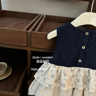 [Dessert cheese] Mori baby girl sleeveless vest skirt floral plaid stitching denim skirt stacked cake skirt