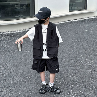 Boys' Summer Clothes Hip-hop suit 2025 New Children's Summer Performance Clothes Workwear Vest Short-sleeved Shorts Three-piece Set