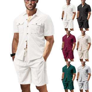 New summer cross-border European and American men's Amazon waffle solid color pocket shirt short sleeve shorts two-piece suit