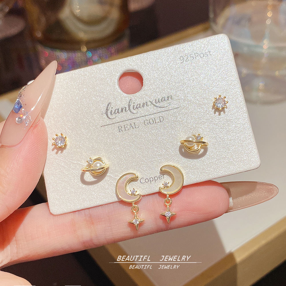 18K Gold Exquisite Zircon One Card Three Pairs of Earrings 925 Silver Needle Simple Earrings Accessible Luxury High-End Commuter Earrings for Women