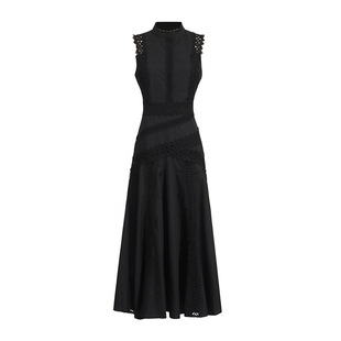 French Simple Retro Style 2025 Spring and Summer New Round Neck Sleeveless Waisted Lace Stitching Solid Color Long dress Women