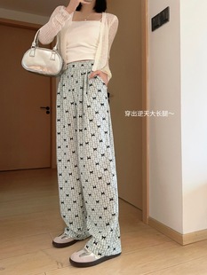 Korean-style Butterfly Plaid Pants Women's Wipe Wide-leg Pants Summer Thin Printed Lazy Style High Waist Straight Casual Pants