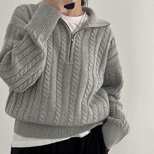 South Korea Chic Autumn and Winter Thick Knitted Top Women's Retro Twist Half Zipper Lazy All-match Short Sweater Jacket