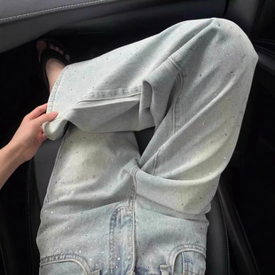 Heavy-duty Straight-leg Jeans Women's 2025 Spring Design Hot Drilling High Waist Loose Slimming Slimming Narrow Wide-leg Pants