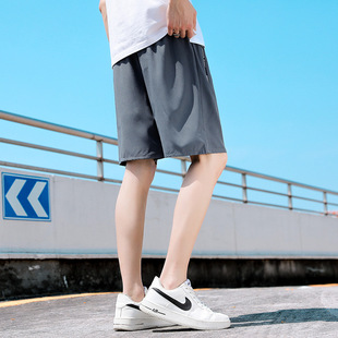 Cropped pants men's fashion brand summer loose black ice silk shorts men's thin casual quick-drying running sports pants