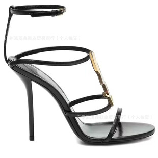 YS High-heeled Shoes Women's Cross-border Foreign Trade 2024 Summer Poplar Shoes with Metal Letters Thin-heeled Sandals Women