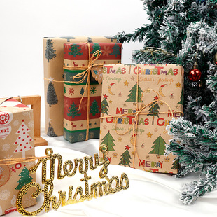Gift Wrapping Paper Large Size Roll Paper Snowflake Reindeer Environmentally Friendly Retro Brown Yellow Kraft Paper Christmas Gift Box Paper