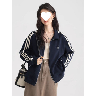 Three bars bow sweater women's sports coat 2025 spring and autumn new navy blue
