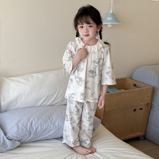 Pajamas Girls' Baby's Home Clothes Lace Ruffle Collar Sweet Small Floral Home Clothes Girls' Summer Split suit