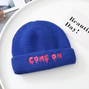 Japanese Trendy Letter Embroidered Wool Hat Women's Autumn and Winter Warm Ear Protection All-match Blue Knitted Hat Men's Cold Hat